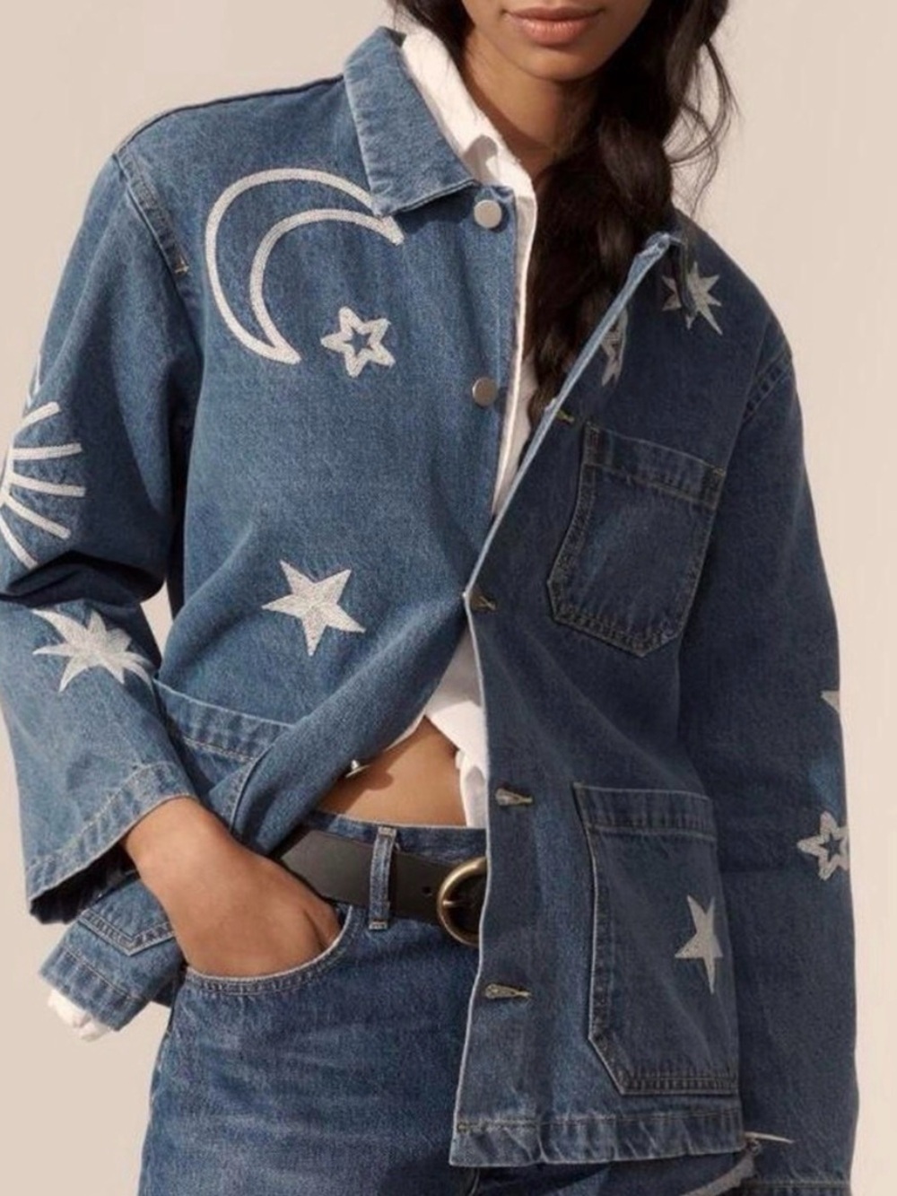 Anthropologie Raisonnel celestial denim chore jacket sun moon stars